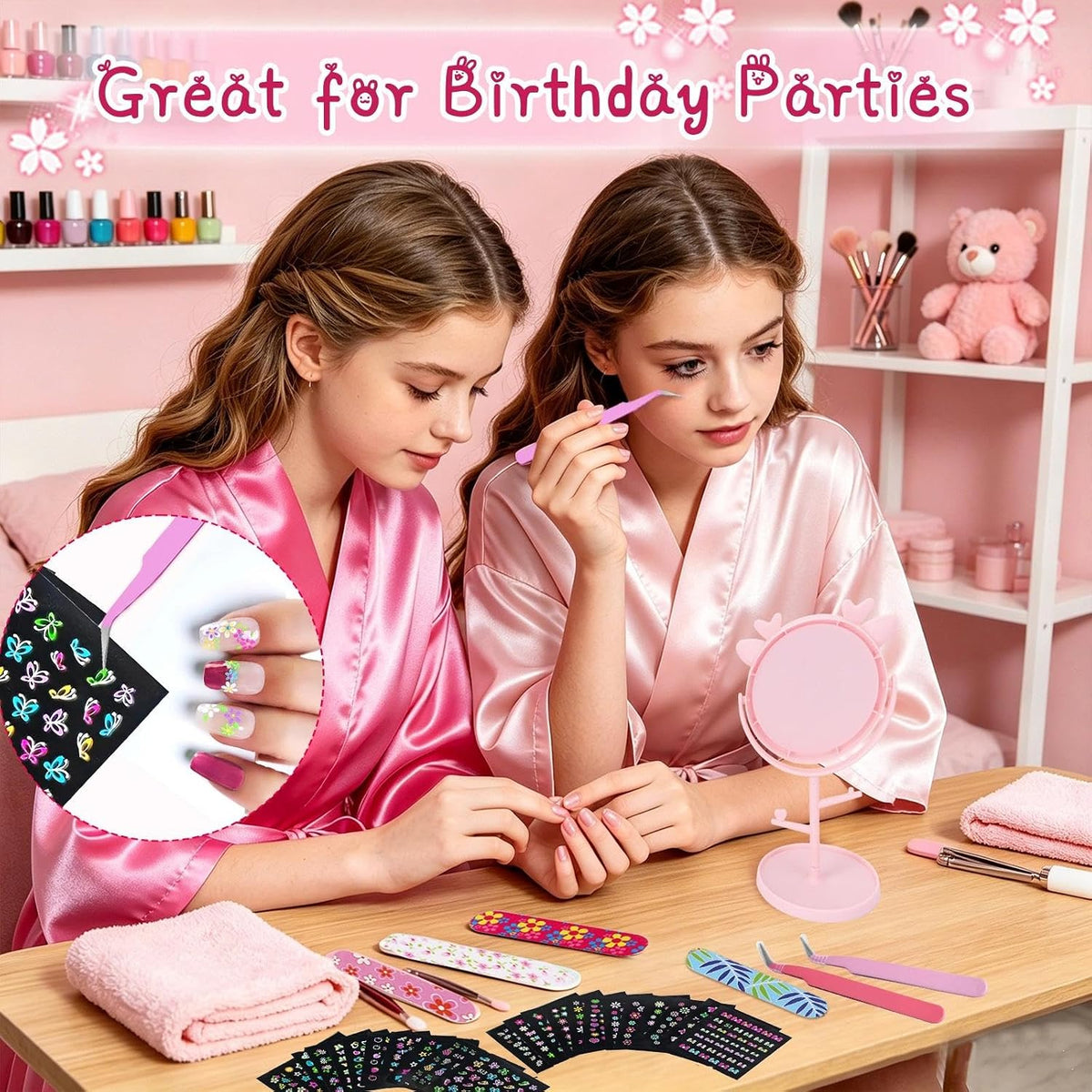 6Set Spa Party Set: Satin Robes, Slipper, Mask, Nail Kit for Slumber Party