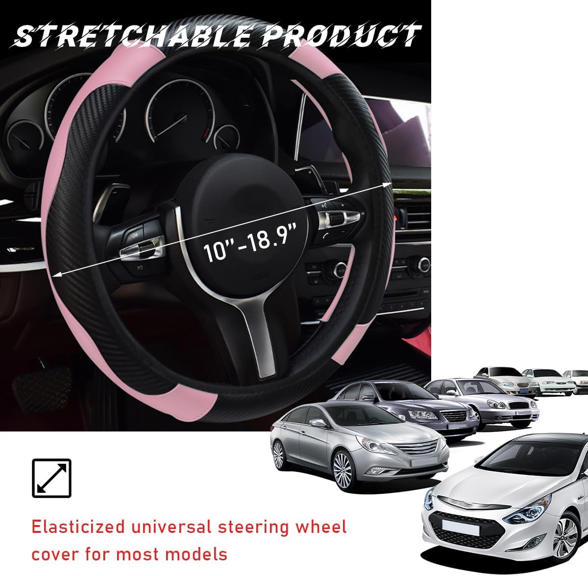 Car Steering Wheel Cover, 15 Inch Leather Breathable Auto Steering Wheel Protector, Comfortable Non-Slip Vehicle Steering Wheel Covers, Universal Interior Car Accessories (Black+Pink)