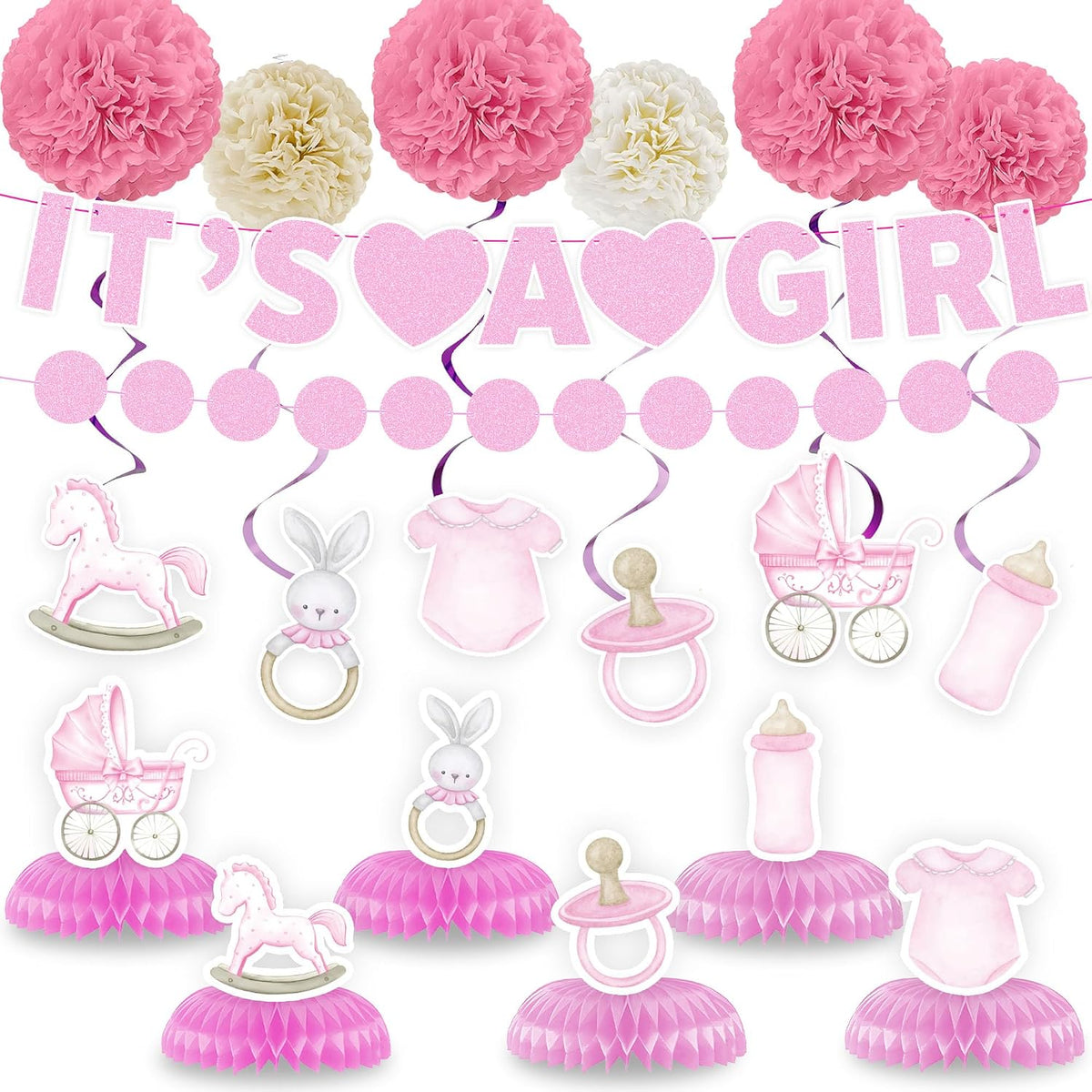 20PCS Baby Shower Decorations for Girl, Pink Rose Gold Floral It's a Girl Banner Set with Hanging Swirls Honeycomb Centerpieces Paper Flower Balls, Circle Dot Garland Party Supplies