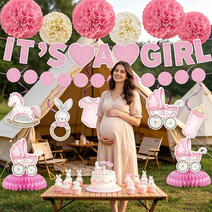 20PCS Baby Shower Decorations for Girl, Pink Rose Gold Floral It's a Girl Banner Set with Hanging Swirls Honeycomb Centerpieces Paper Flower Balls, Circle Dot Garland Party Supplies