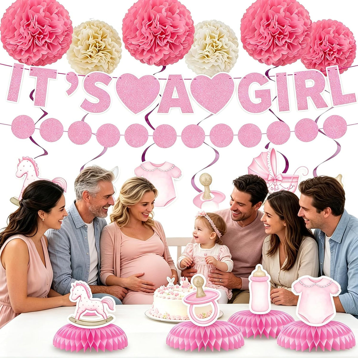 20PCS Baby Shower Decorations for Girl, Pink Rose Gold Floral It's a Girl Banner Set with Hanging Swirls Honeycomb Centerpieces Paper Flower Balls, Circle Dot Garland Party Supplies