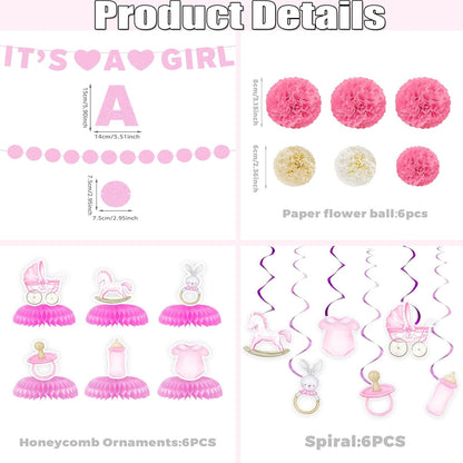 20PCS Baby Shower Decorations for Girl, Pink Rose Gold Floral It's a Girl Banner Set with Hanging Swirls Honeycomb Centerpieces Paper Flower Balls, Circle Dot Garland Party Supplies