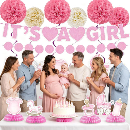20PCS Baby Shower Decorations for Girl, Pink Rose Gold Floral It's a Girl Banner Set with Hanging Swirls Honeycomb Centerpieces Paper Flower Balls, Circle Dot Garland Party Supplies