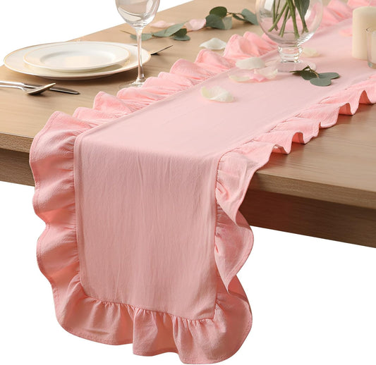 Oudain Pink Ruffled Table Runner 118 Inches Long Scalloped Table Runner Rustic Cotton Tabletop Farmhouse Wedding Decor for Summer Baby Shower Bridal Shower Birthday Party Holiday