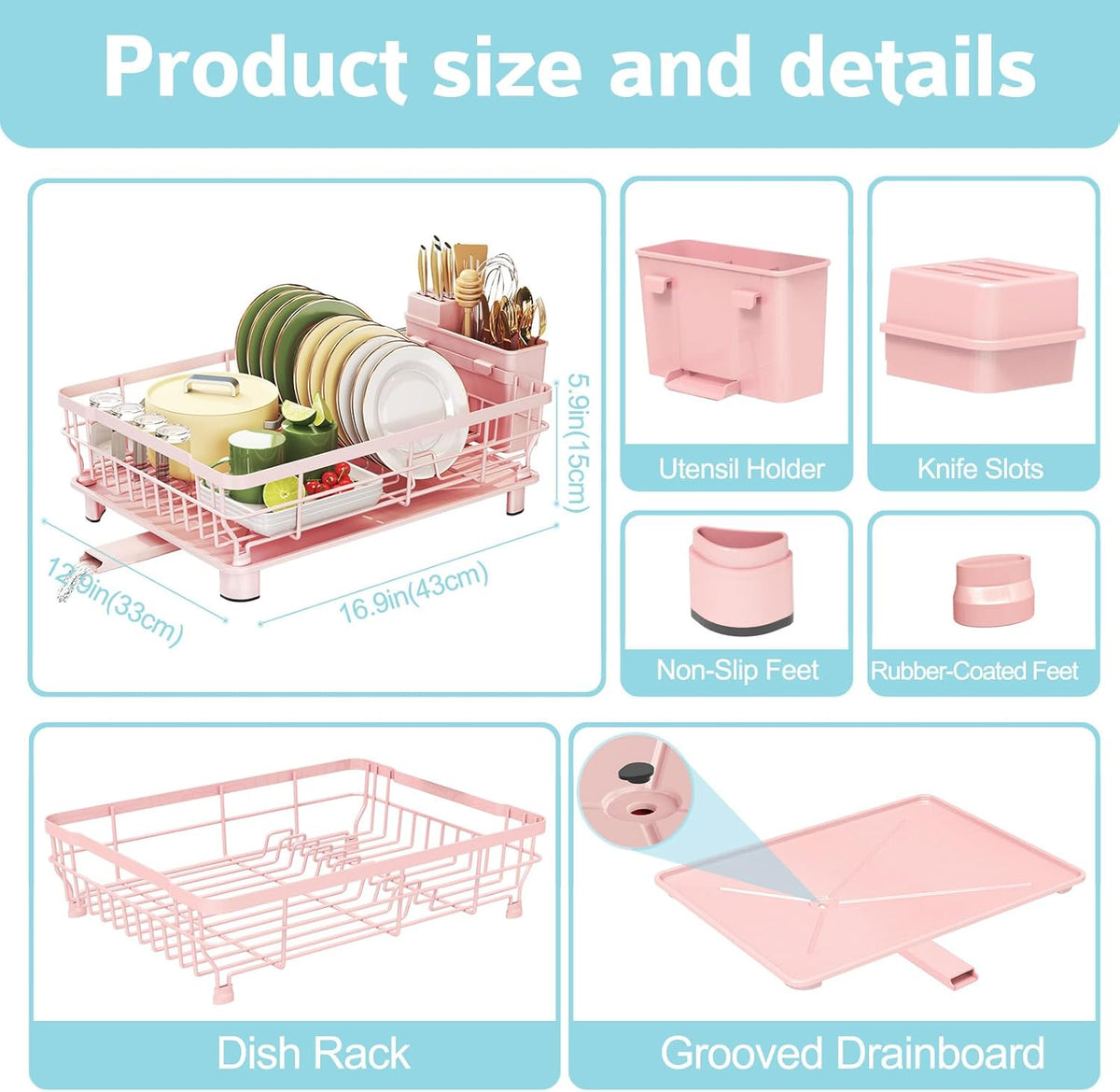 Dish Drying Rack for Kitchen Counter,12.8" W x 16.9" L,Pink