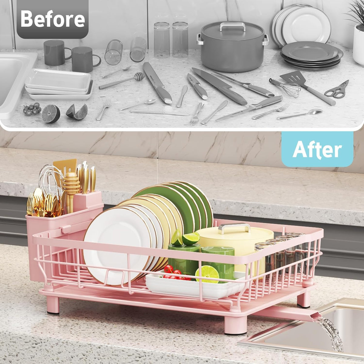 Dish Drying Rack for Kitchen Counter,12.8" W x 16.9" L,Pink