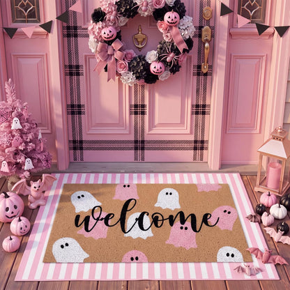 2 Pcs Halloween Ghost Layered Doormat Set, Pink White