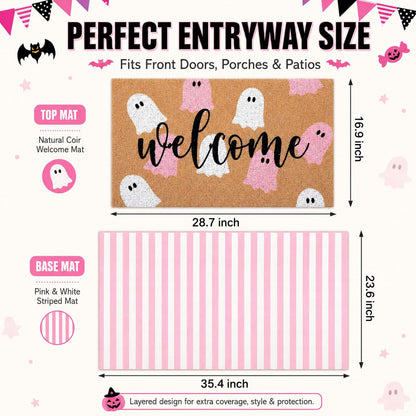 2 Pcs Halloween Ghost Layered Doormat Set, Pink White