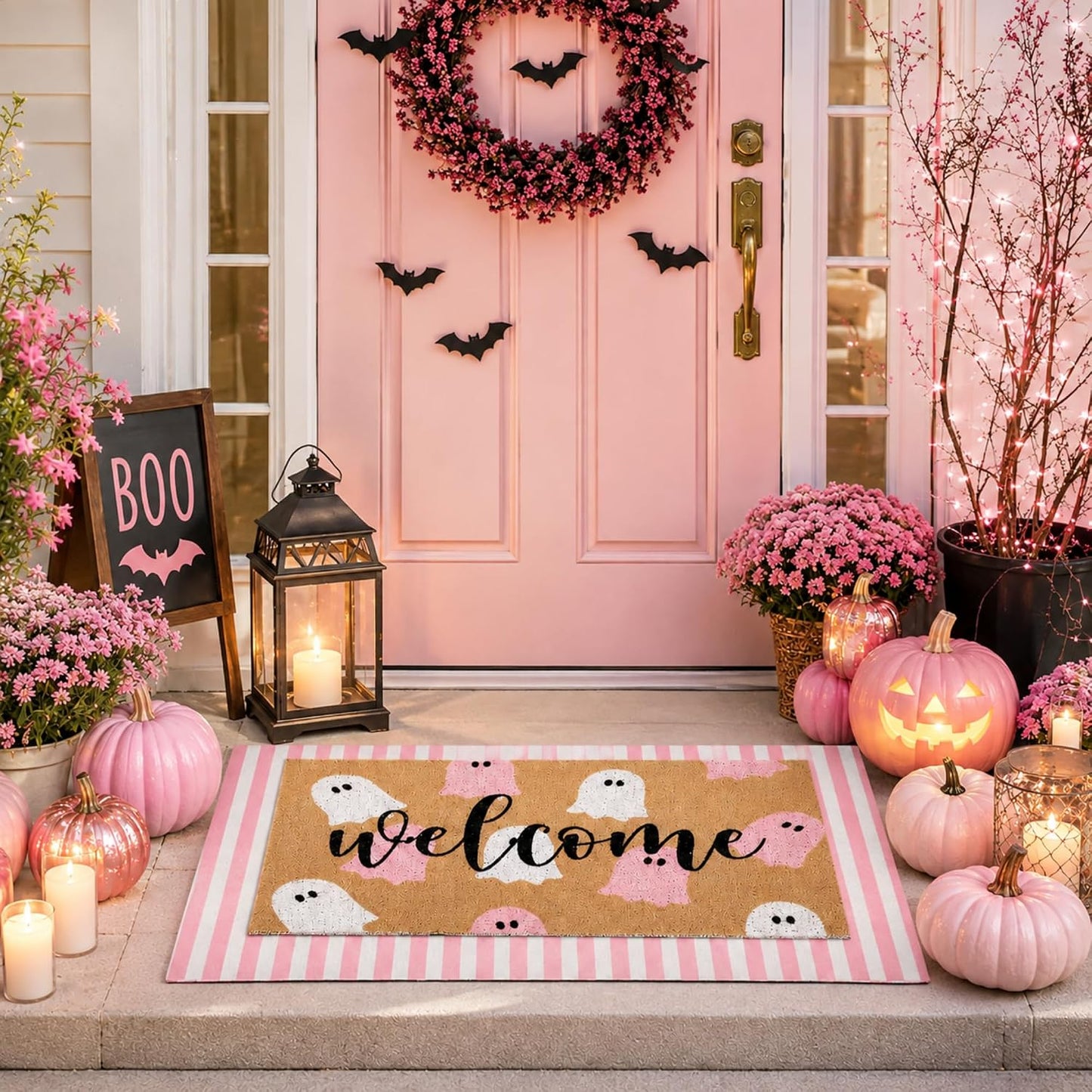 2 Pcs Halloween Ghost Layered Doormat Set, Pink White