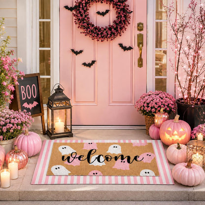 2 Pcs Halloween Ghost Layered Doormat Set, Pink White