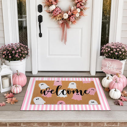 2 Pcs Halloween Ghost Layered Doormat Set, Pink White