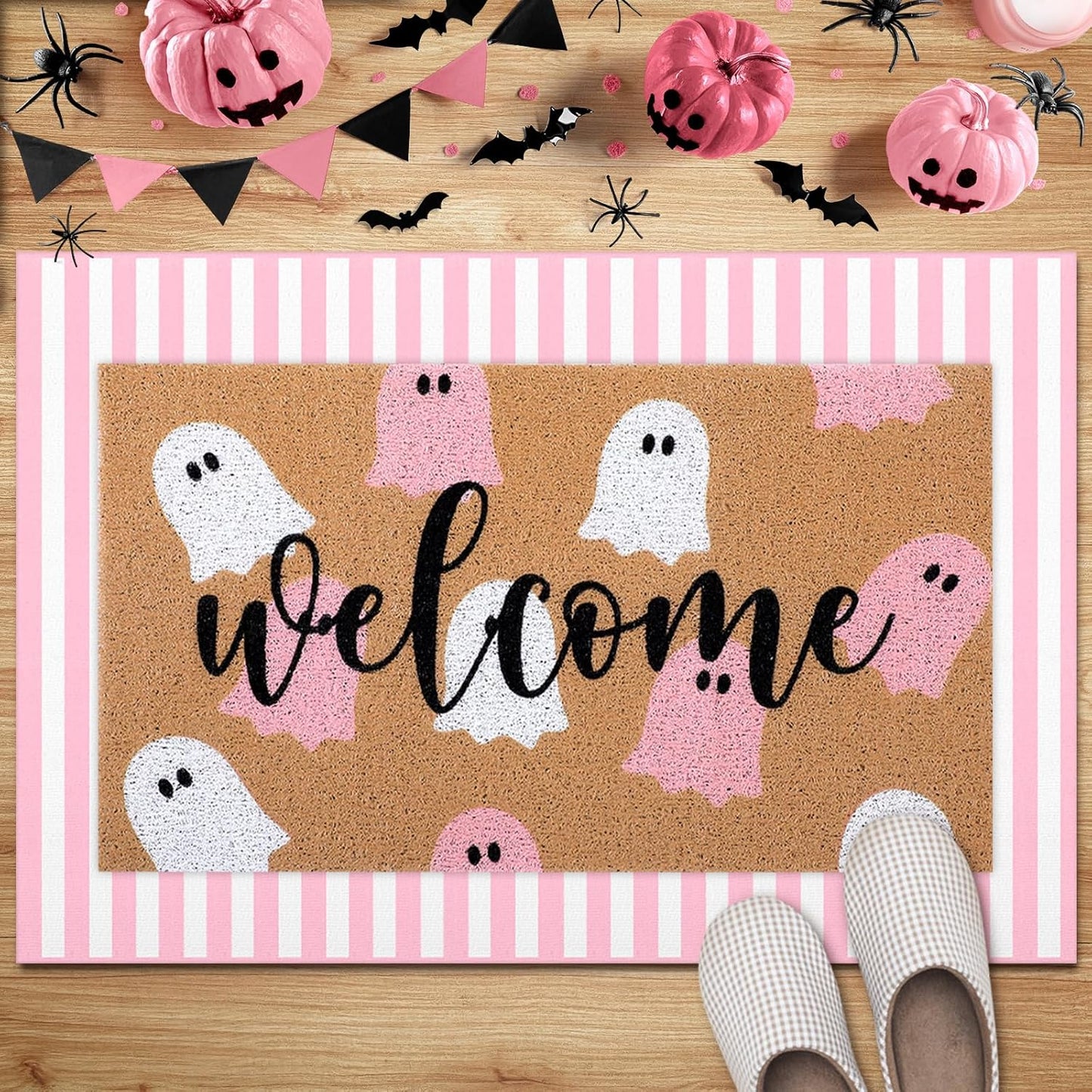 2 Pcs Halloween Ghost Layered Doormat Set, Pink White