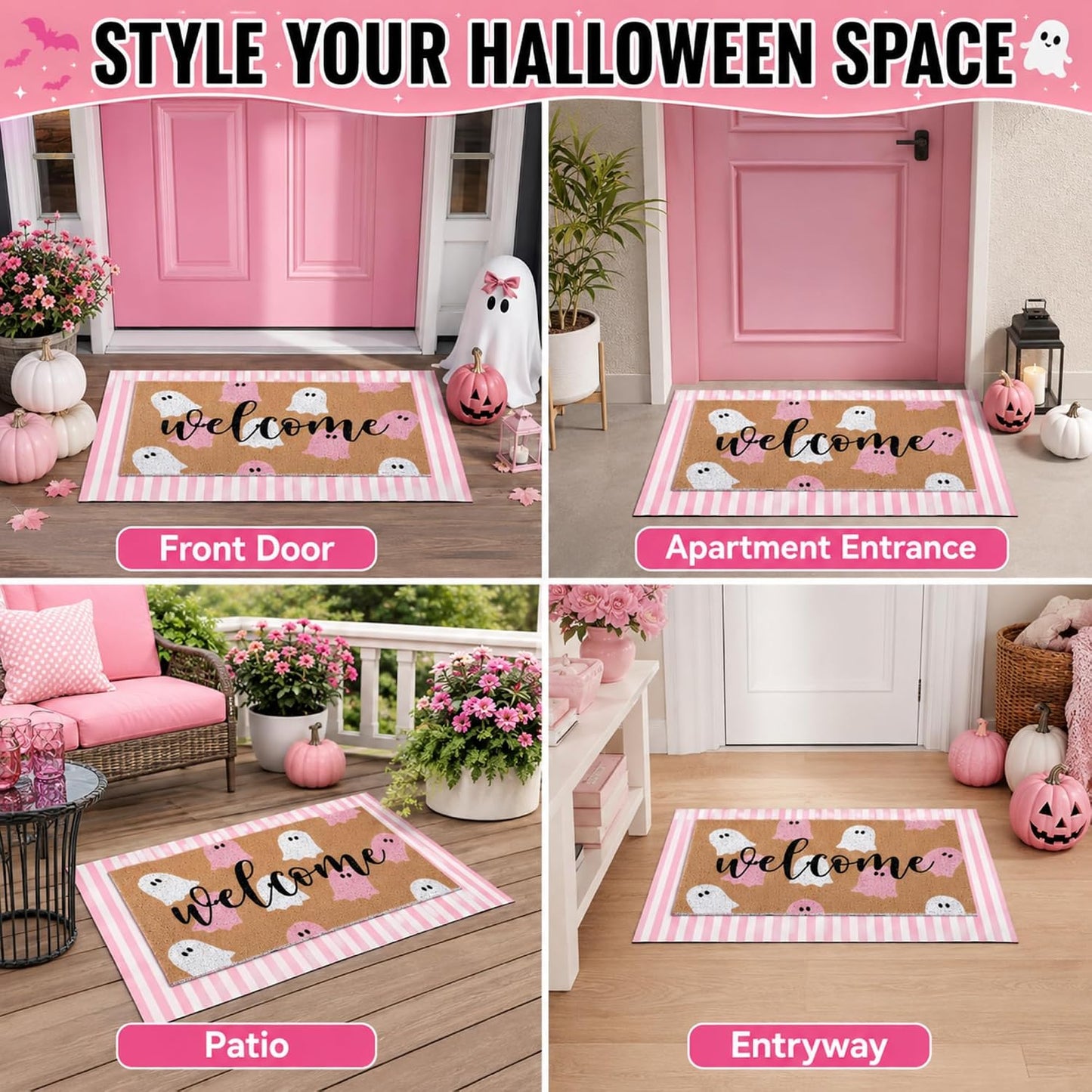2 Pcs Halloween Ghost Layered Doormat Set, Pink White