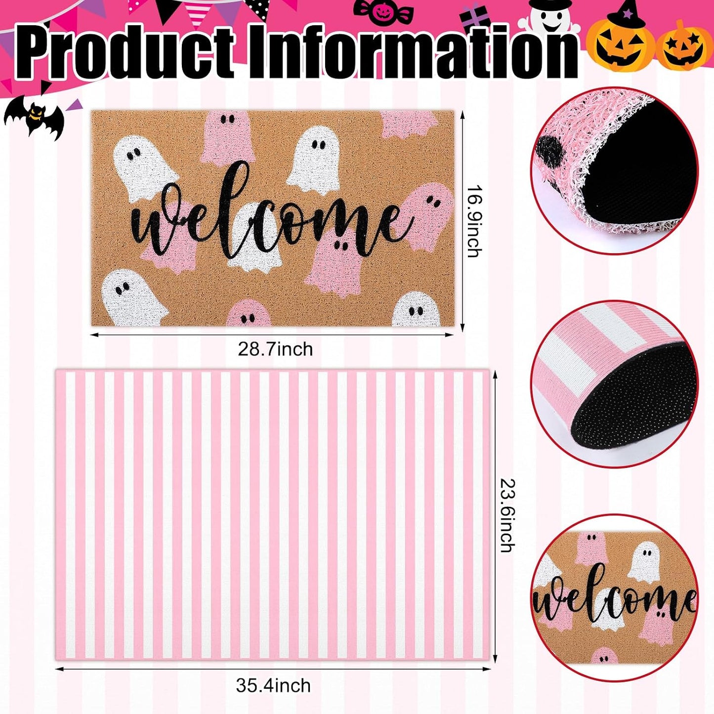 2 Pcs Halloween Ghost Layered Doormat Set, Pink White
