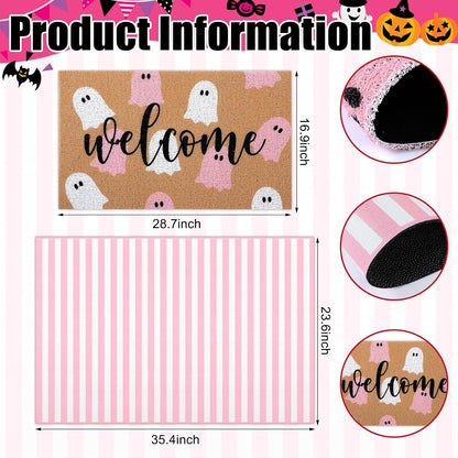 2 Pcs Halloween Ghost Layered Doormat Set, Pink White