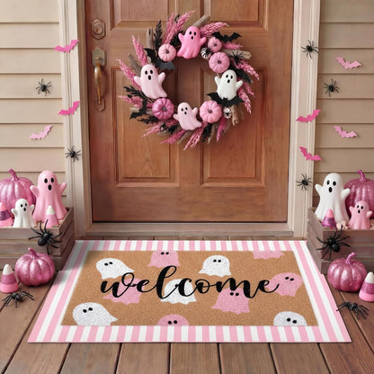 2 Pcs Halloween Ghost Layered Doormat Set, Pink White