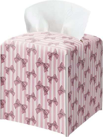 Pink Bow Tissue Box Holder, Pink Stripe Leather Tissue Box Cover Square with Bottom Belt, Facial Paper Organizer Dispenser Toilet Paper Holder for Bathroom Kitchen Office Home Decor-A24