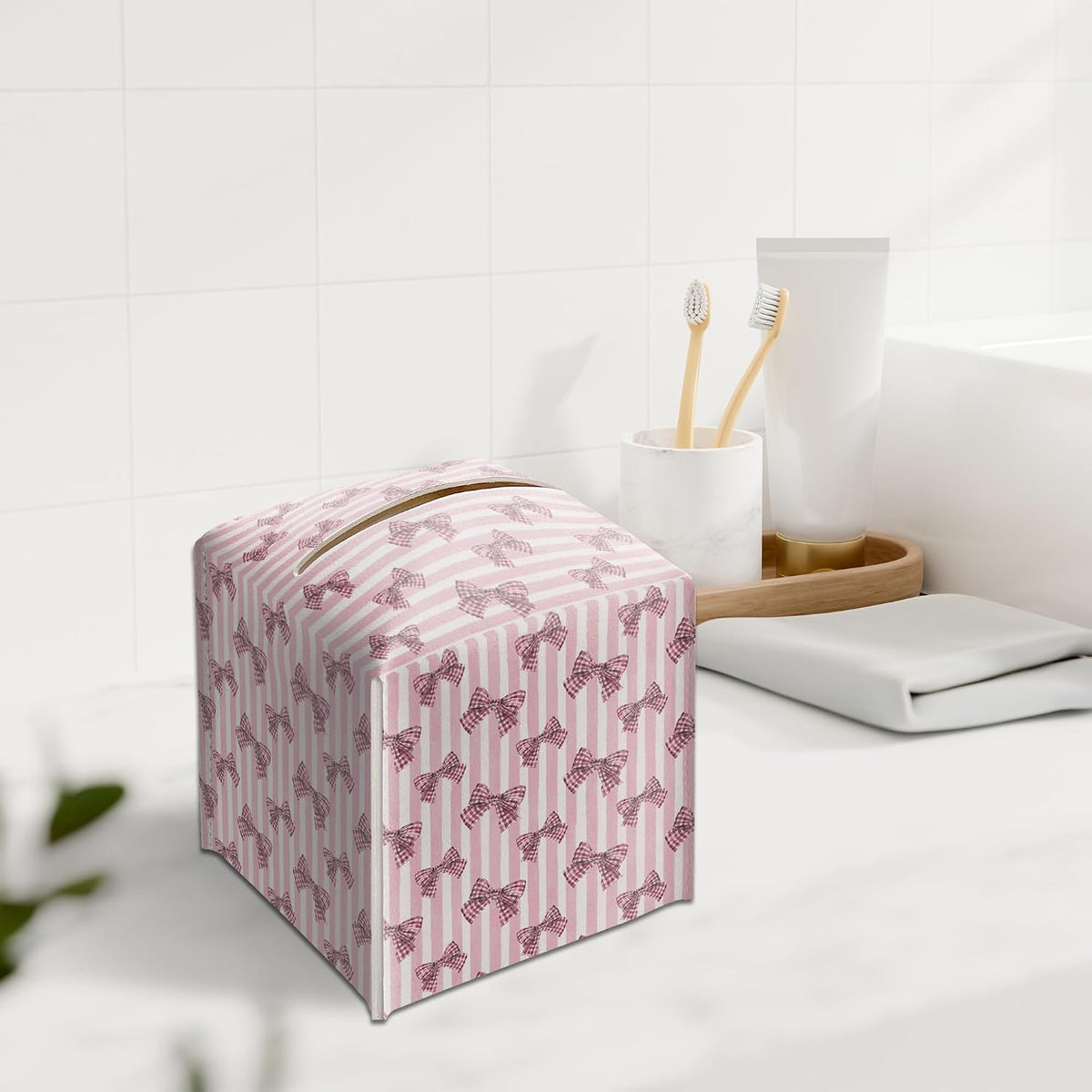 Pink Bow Tissue Box Holder, Pink Stripe Leather Tissue Box Cover Square with Bottom Belt, Facial Paper Organizer Dispenser Toilet Paper Holder for Bathroom Kitchen Office Home Decor-A24