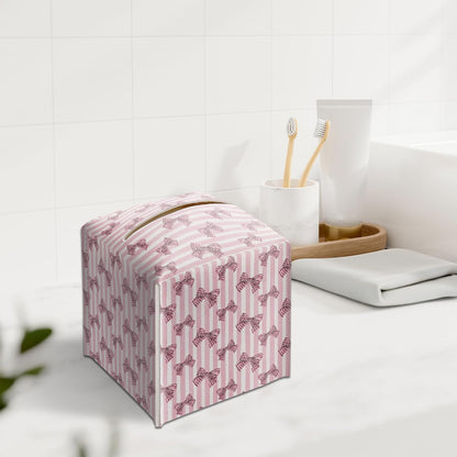 Pink Bow Tissue Box Holder, Pink Stripe Leather Tissue Box Cover Square with Bottom Belt, Facial Paper Organizer Dispenser Toilet Paper Holder for Bathroom Kitchen Office Home Decor-A24