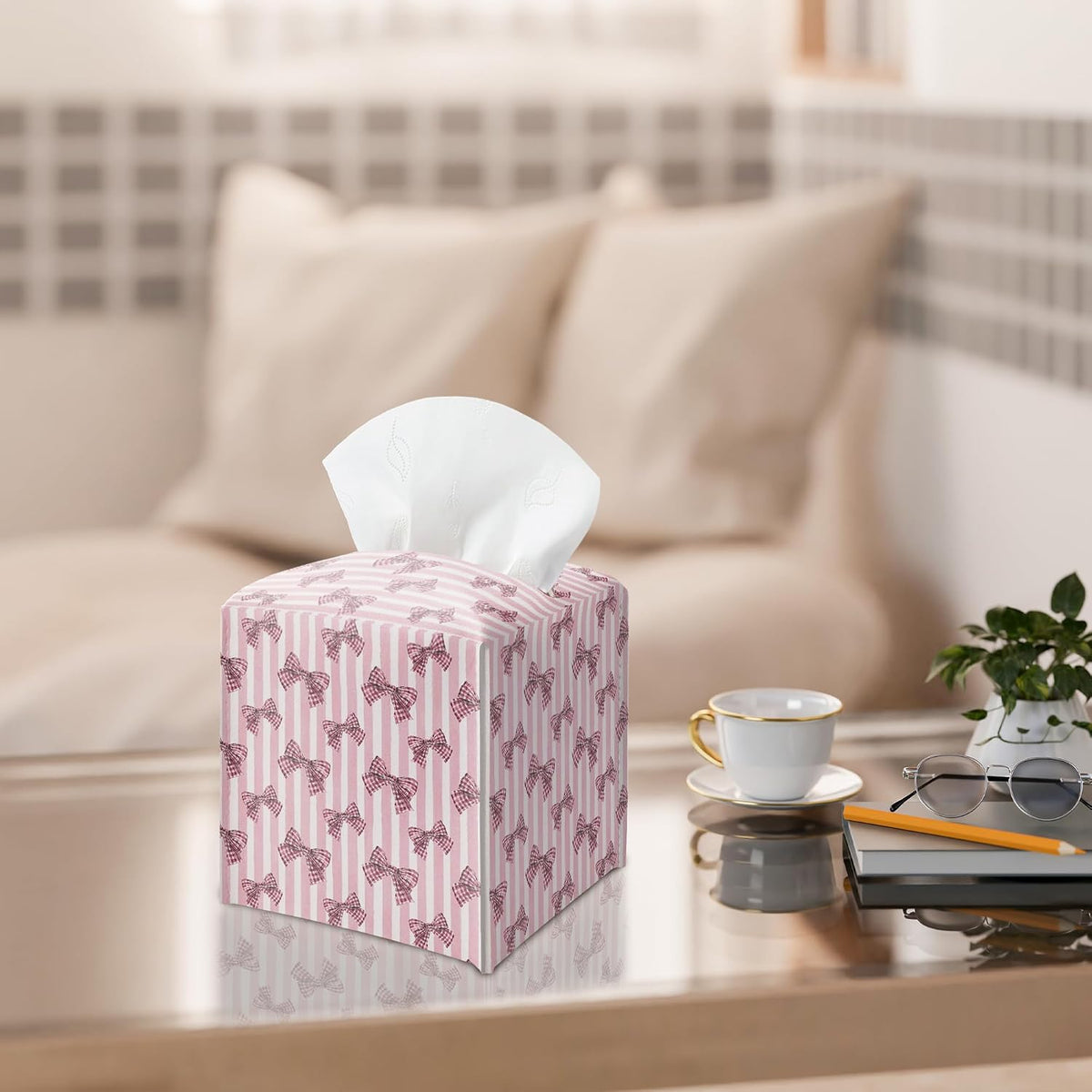 Pink Bow Tissue Box Holder, Pink Stripe Leather Tissue Box Cover Square with Bottom Belt, Facial Paper Organizer Dispenser Toilet Paper Holder for Bathroom Kitchen Office Home Decor-A24