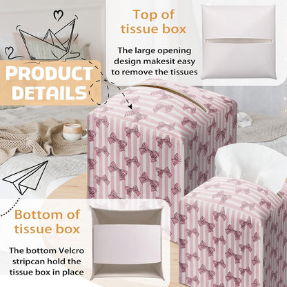 Pink Bow Tissue Box Holder, Pink Stripe Leather Tissue Box Cover Square with Bottom Belt, Facial Paper Organizer Dispenser Toilet Paper Holder for Bathroom Kitchen Office Home Decor-A24