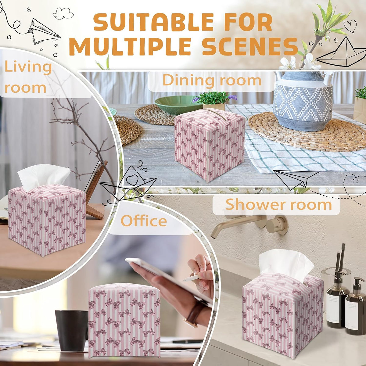 Pink Bow Tissue Box Holder, Pink Stripe Leather Tissue Box Cover Square with Bottom Belt, Facial Paper Organizer Dispenser Toilet Paper Holder for Bathroom Kitchen Office Home Decor-A24