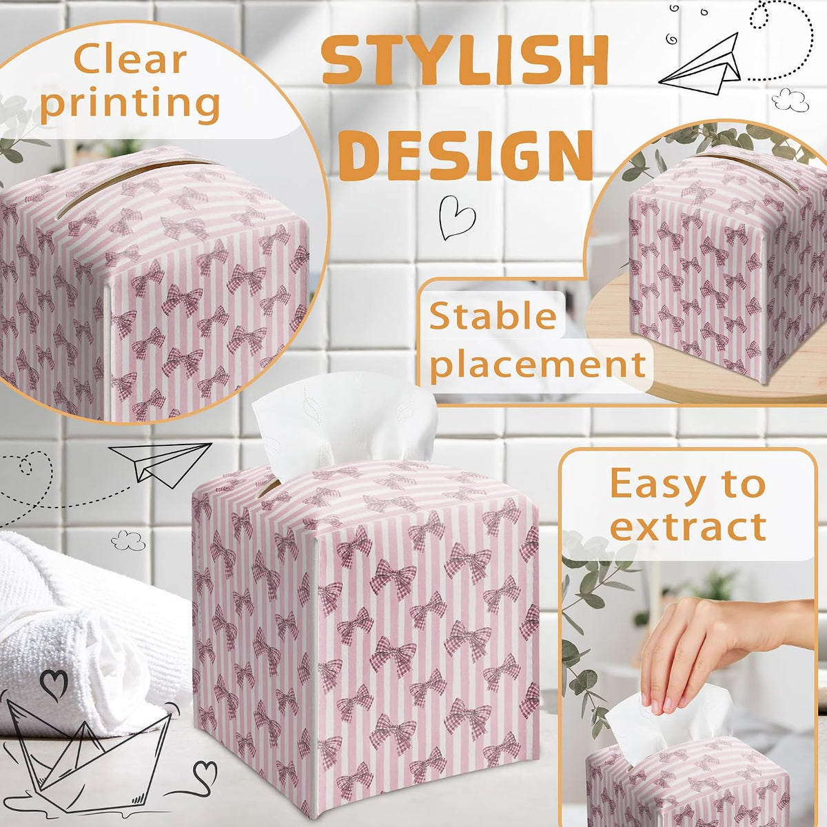 Pink Bow Tissue Box Holder, Pink Stripe Leather Tissue Box Cover Square with Bottom Belt, Facial Paper Organizer Dispenser Toilet Paper Holder for Bathroom Kitchen Office Home Decor-A24
