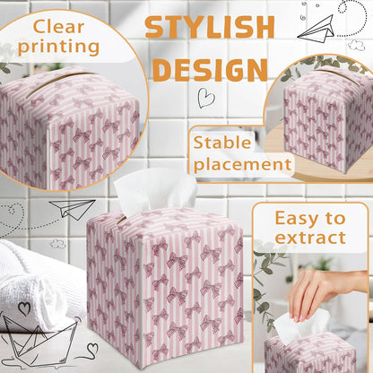 Pink Bow Tissue Box Holder, Pink Stripe Leather Tissue Box Cover Square with Bottom Belt, Facial Paper Organizer Dispenser Toilet Paper Holder for Bathroom Kitchen Office Home Decor-A24