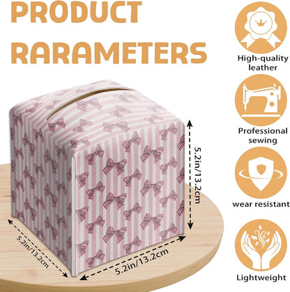 Pink Bow Tissue Box Holder, Pink Stripe Leather Tissue Box Cover Square with Bottom Belt, Facial Paper Organizer Dispenser Toilet Paper Holder for Bathroom Kitchen Office Home Decor-A24