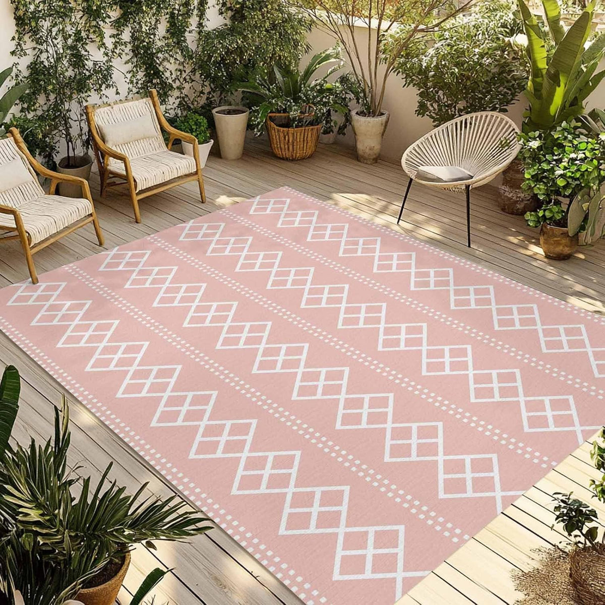 Peach Pink Checkered Outdoor Rug 6x9 ft Abstract White Geometric Argyle Stripe Outside are Rugs Non Slip Floor Mat Washable Carpet for Patio, RV, Porch, Backyard, Deck, Picnic, Beach, Camping