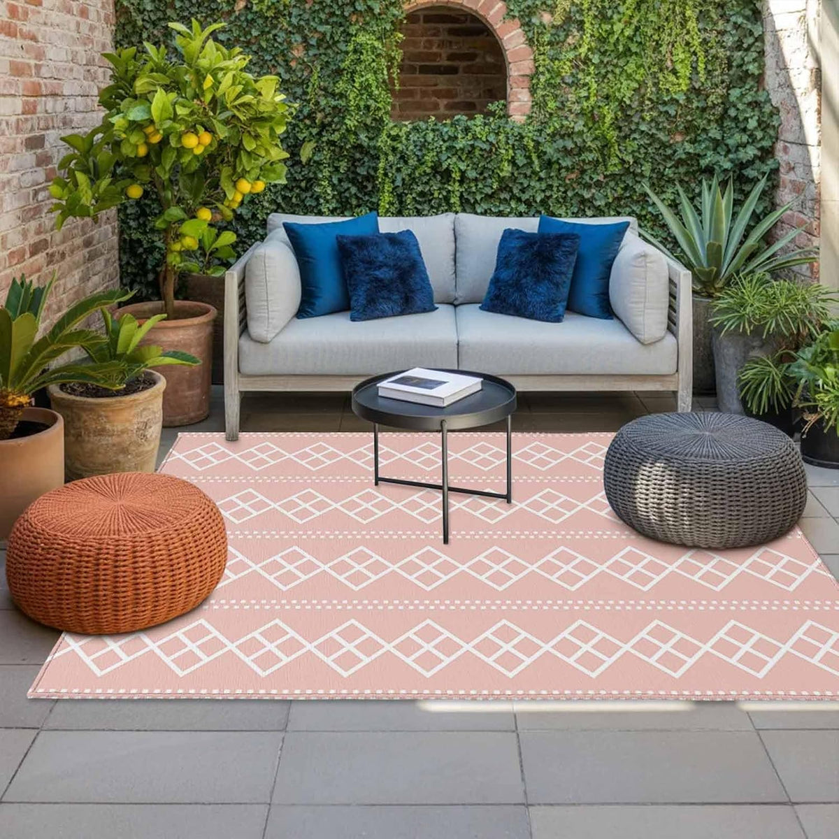 Peach Pink Checkered Outdoor Rug 6x9 ft Abstract White Geometric Argyle Stripe Outside are Rugs Non Slip Floor Mat Washable Carpet for Patio, RV, Porch, Backyard, Deck, Picnic, Beach, Camping