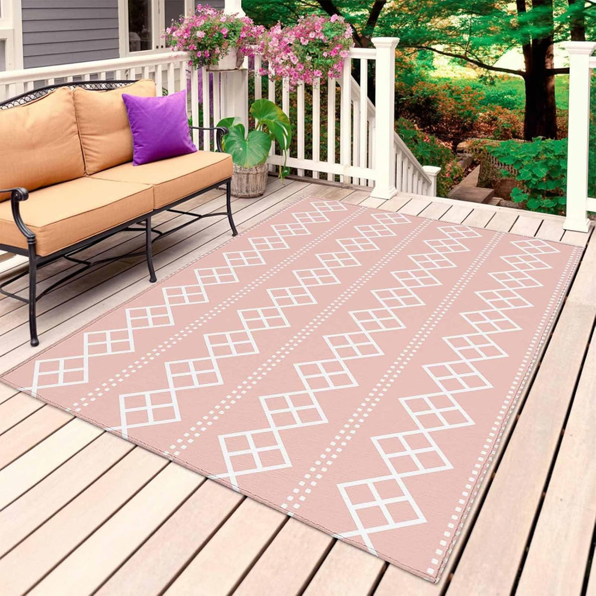 Peach Pink Checkered Outdoor Rug 6x9 ft Abstract White Geometric Argyle Stripe Outside are Rugs Non Slip Floor Mat Washable Carpet for Patio, RV, Porch, Backyard, Deck, Picnic, Beach, Camping
