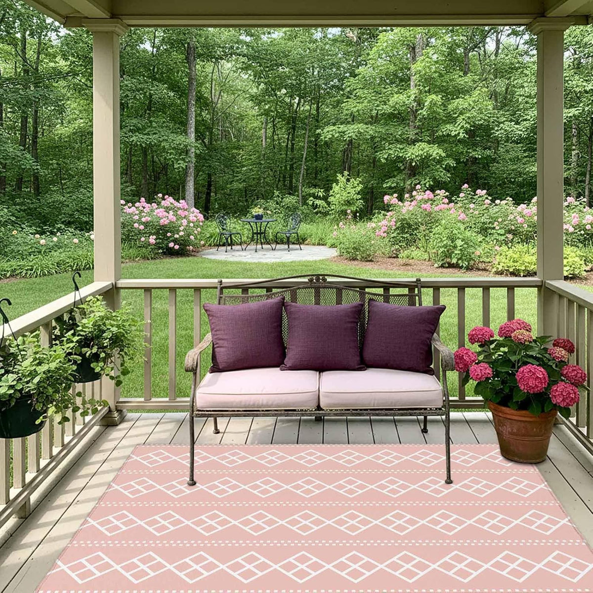 Peach Pink Checkered Outdoor Rug 6x9 ft Abstract White Geometric Argyle Stripe Outside are Rugs Non Slip Floor Mat Washable Carpet for Patio, RV, Porch, Backyard, Deck, Picnic, Beach, Camping