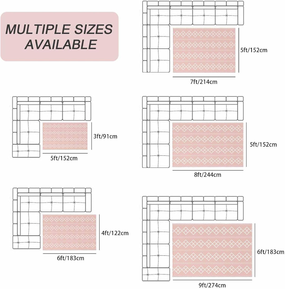 Peach Pink Checkered Outdoor Rug 6x9 ft Abstract White Geometric Argyle Stripe Outside are Rugs Non Slip Floor Mat Washable Carpet for Patio, RV, Porch, Backyard, Deck, Picnic, Beach, Camping