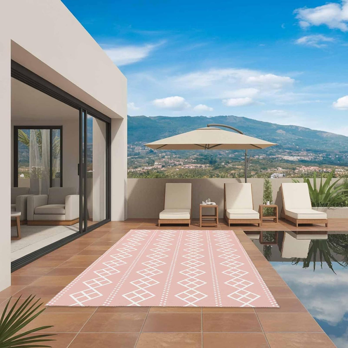 Peach Pink Checkered Outdoor Rug 6x9 ft Abstract White Geometric Argyle Stripe Outside are Rugs Non Slip Floor Mat Washable Carpet for Patio, RV, Porch, Backyard, Deck, Picnic, Beach, Camping