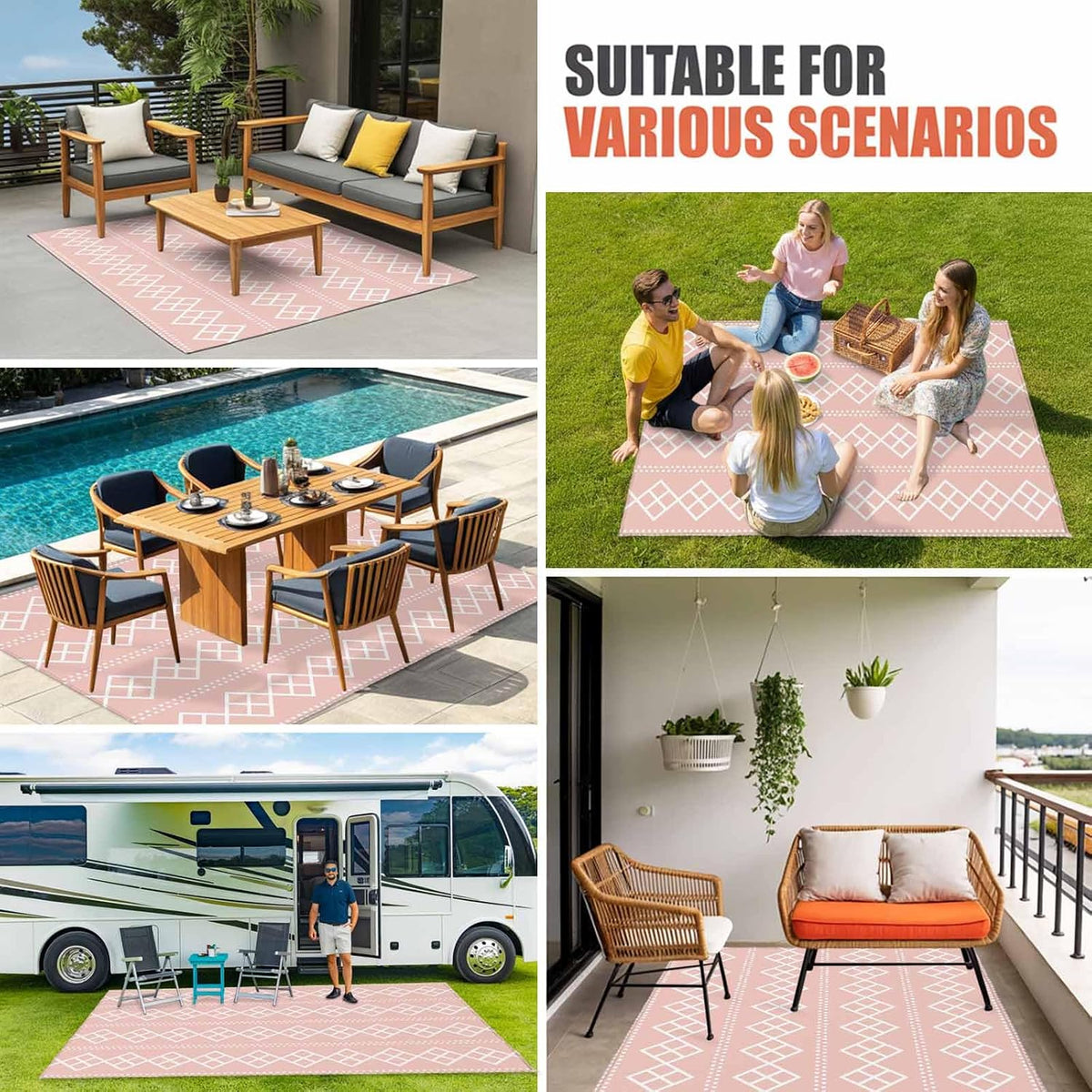 Peach Pink Checkered Outdoor Rug 6x9 ft Abstract White Geometric Argyle Stripe Outside are Rugs Non Slip Floor Mat Washable Carpet for Patio, RV, Porch, Backyard, Deck, Picnic, Beach, Camping