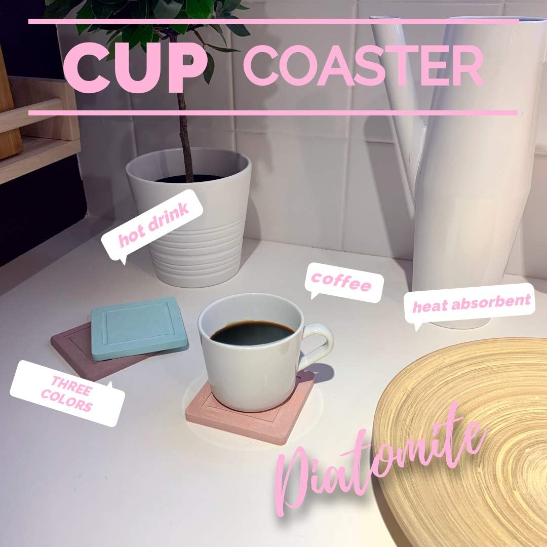 Diatomite Cup Coaster Mat 2 Pack, Fast Water Absorbent Coasters, Self-Dry Diatomaceous Cup Holder, Small Plant Tray (Pink)