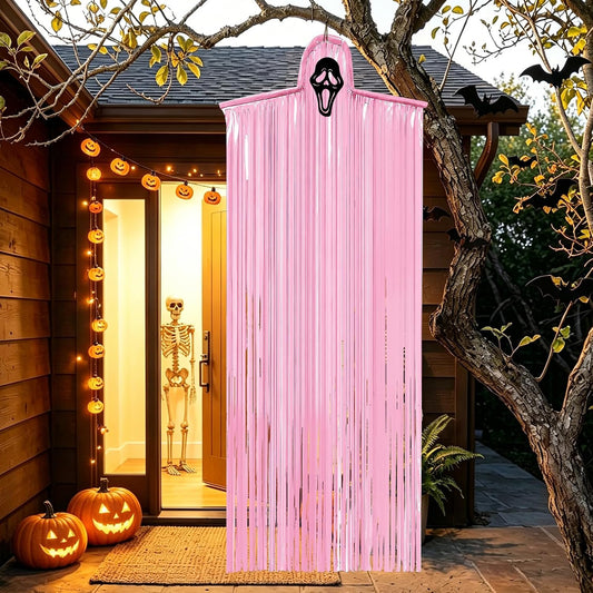Halloween Pink Ghost Hanging Decorations – DIY Pink Ghost Streamer Hanging Decor with Interchangeable Horror Faces for Indoor Outdoor Halloween Party Decorations
