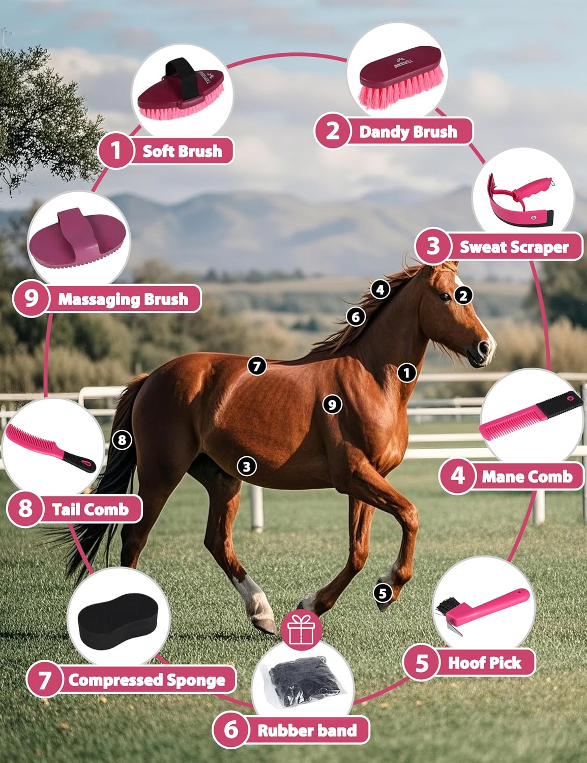 Horse Grooming Kit, Complete Horse Brush Set, Equine Grooming Tools for Shedding & Daily Care Pink