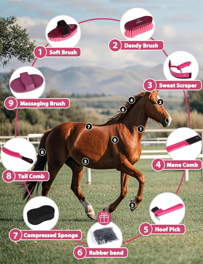 Horse Grooming Kit, Complete Horse Brush Set, Equine Grooming Tools for Shedding & Daily Care Pink