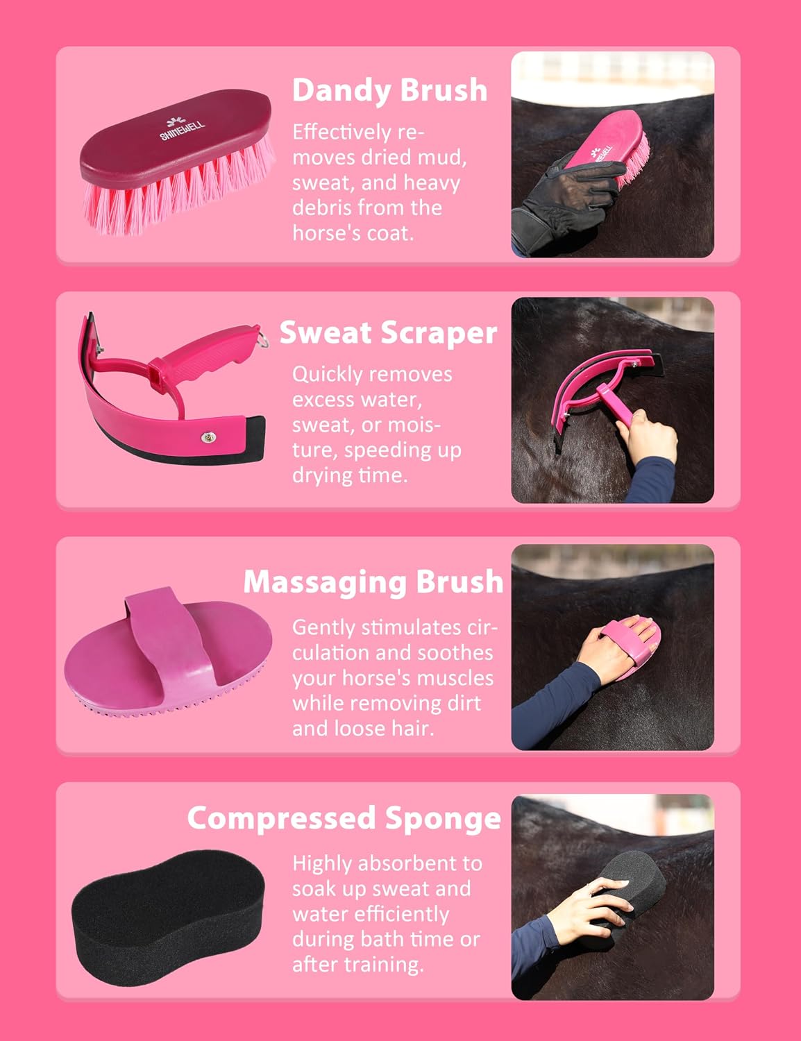 Horse Grooming Kit, Complete Horse Brush Set, Equine Grooming Tools for Shedding & Daily Care Pink