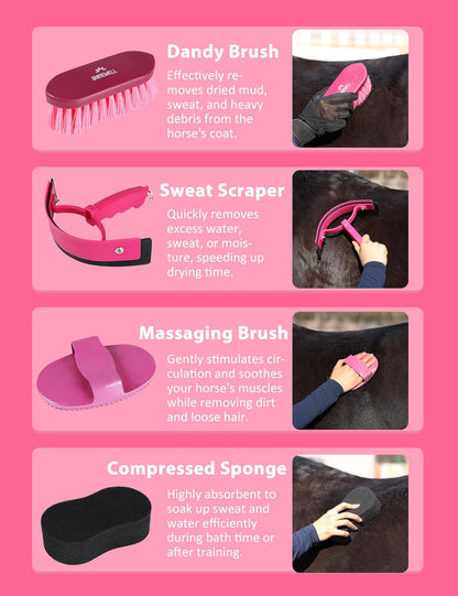Horse Grooming Kit, Complete Horse Brush Set, Equine Grooming Tools for Shedding & Daily Care Pink