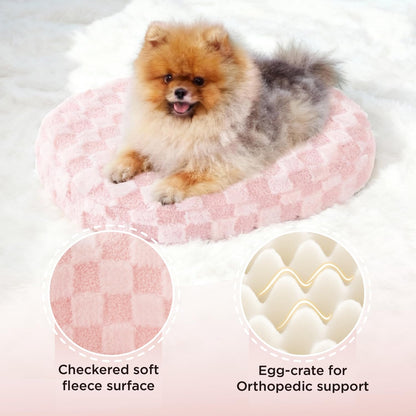 Cloud Dog Bed for Small Dogs & Cats, Washable Pet Bed with Orthopedic Foam and Removable Checkered Plush Pad, Non-Slip Bottom for Indoor Puppies and Kittens, 22x20 Inch, Pink