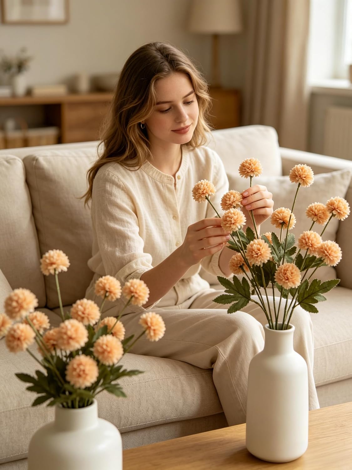 Fake Silk Chrysanthemum, Apricot Peach, 10 Pcs