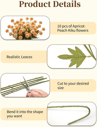 Fake Silk Chrysanthemum, Apricot Peach, 10 Pcs