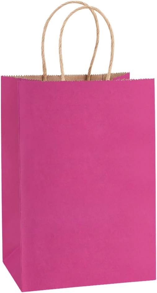 Small Gift Bags 25Pcs 5.25x3x8 Hot Pink Paper Bags with Handles, Kraft Pink Paper Sacks for Small Gifts, Birthday, Wedding Party Favor, Retail, Merchandise