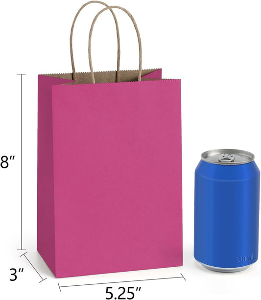 Small Gift Bags 25Pcs 5.25x3x8 Hot Pink Paper Bags with Handles, Kraft Pink Paper Sacks for Small Gifts, Birthday, Wedding Party Favor, Retail, Merchandise