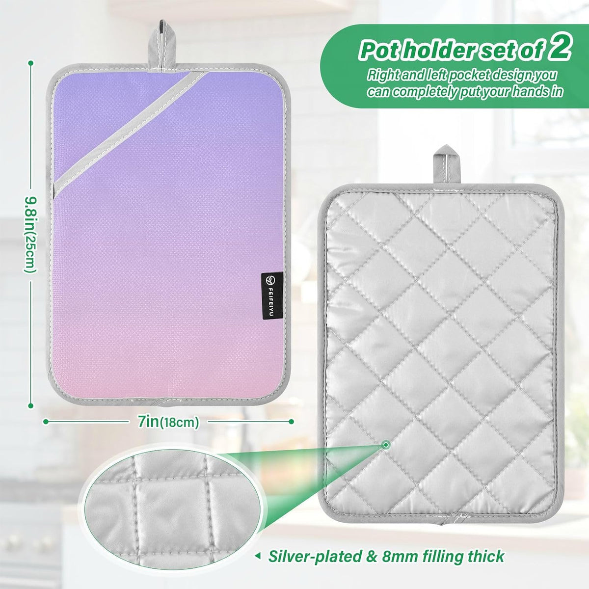 2 Pack Pot Holders, Solid Color Purple Light Pink Gradient Oven Mitts Potholders Sets for Kitchen Countertops, Square 7x9.8 in