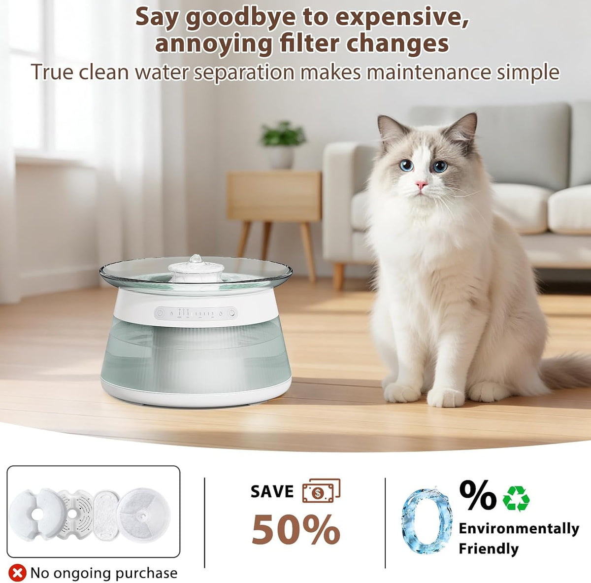 Glass Smart Pet Water Fountain,Cat Drinking Water Fountain Bowl No Filter,Battery Operated Filterless Pet Water Fountain