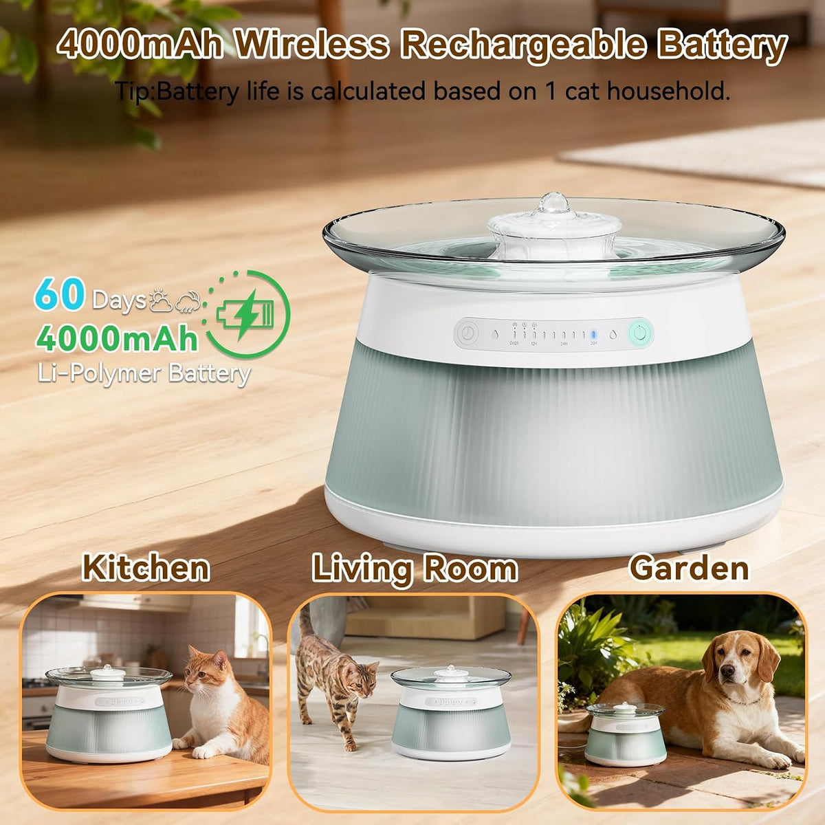 Glass Smart Pet Water Fountain,Cat Drinking Water Fountain Bowl No Filter,Battery Operated Filterless Pet Water Fountain